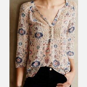 Maeve Anthropologie Boho Crochet Lace Inset Floral Blouse Size 6